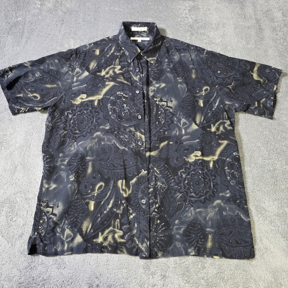Perry Ellis Mens XL Button Down Shirt Navy Gold 100% Silk Paisley Mandala Print